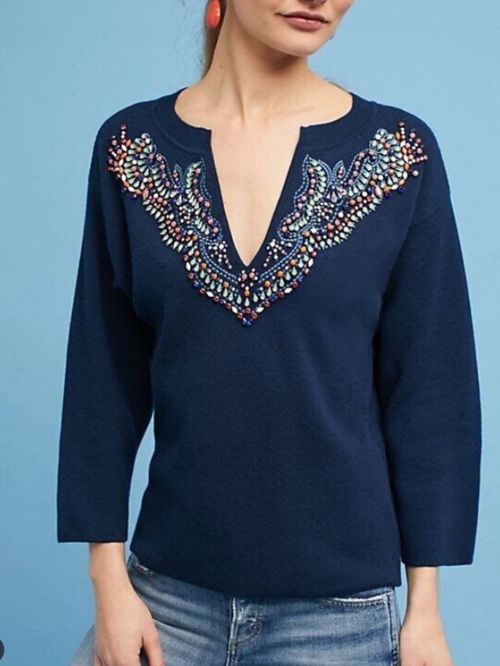 Anthropologie Moth Jewwled Beaded V Neck Navy Jeweled Sweater Size XSP
